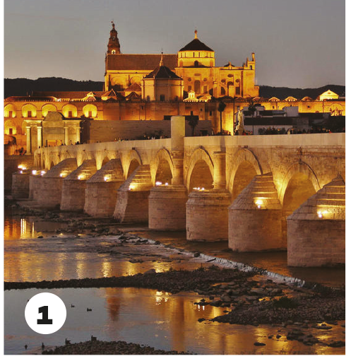 1. Pedestrian bridge made of stone with a cityscape in the background. 