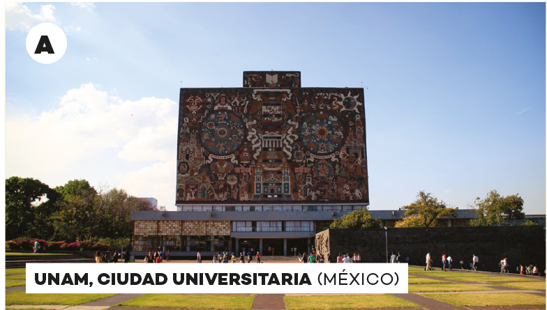 Large building from Unam campus in Mexico. The entire facade is covered in a large mural