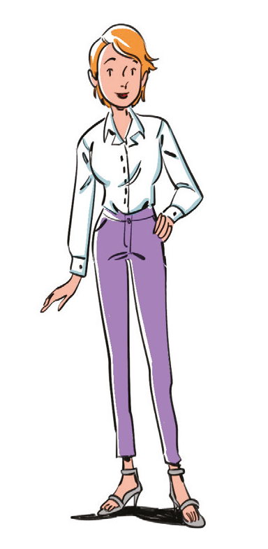 Illustrazione di una donna con camicia bianca e pantaloni viola.