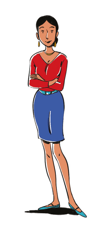 Donna con capelli corti, maglia rossa e gonna blu.
