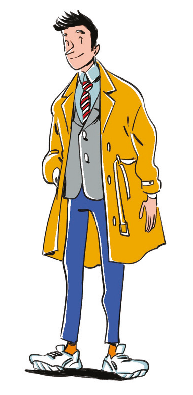 Uomo con cappotto giallo, cravatta a righe e scarpe da ginnastica.