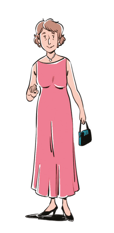 Donna con abito rosa e borsa nera.