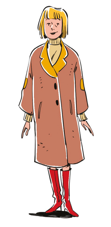 Persona con cappotto marrone, colletto giallo e stivali rossi.