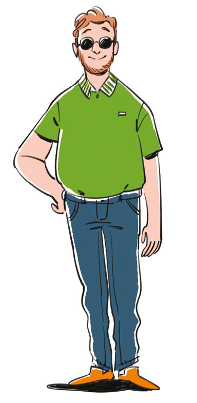 Uomo con occhiali da sole, maglietta verde e jeans.