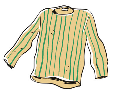 Maglione beige con righe verdi verticali.