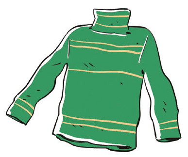 Maglione verde con righe orizzontali gialle.