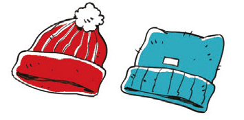 Due cappelli invernali, uno rosso con pompon e uno blu senza.