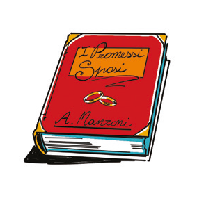 Copertina del libro 'I Promessi Sposi' di A. Manzoni con due anelli.