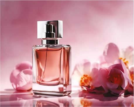 Bottiglia di profumo su sfondo rosa con fiori.