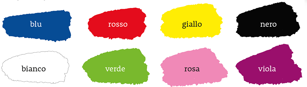 Otto macchie di colore con i nomi: blu, rosso, giallo, nero, bianco, verde, rosa, viola.