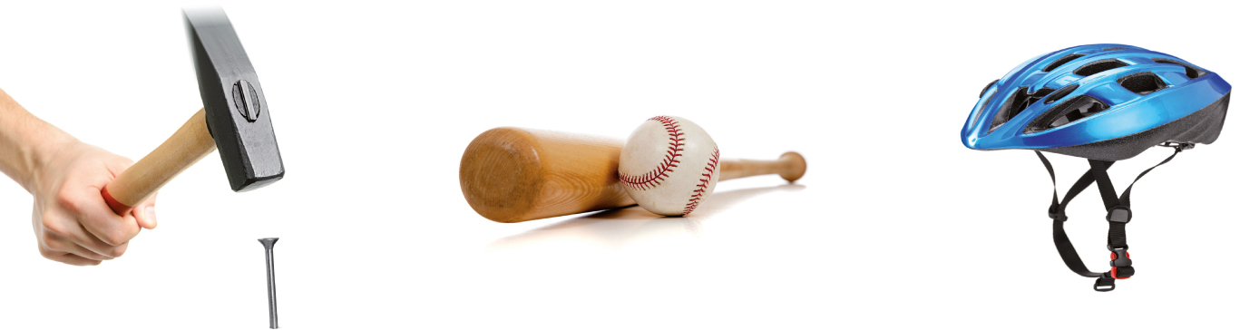 Fig.1.27 . Un martell (fet de fusta i acer), un bat de beisbol (fabricat de fusta) o un casc de bicicleta (fet, principalment de plàstic resistent) són objectes de gran tenacitat.