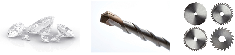 Fig.1.30 . El diamant és el material més dur que es coneix. Altres objectes fabricats amb materials durs són les broques d’acer i vídia (compost ceràmic) i fulles de serra circulars per tallar metalls i fustes.